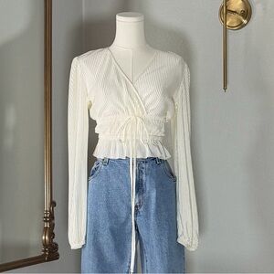 Sincerely Jules Pleated Wrap Top S Blue Long Sleeve V-Neck Romantic Coquette